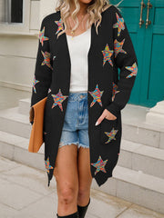 Knitted Pentagram Pockets Long Sleeves Loose V-Neck Cardigan Tops