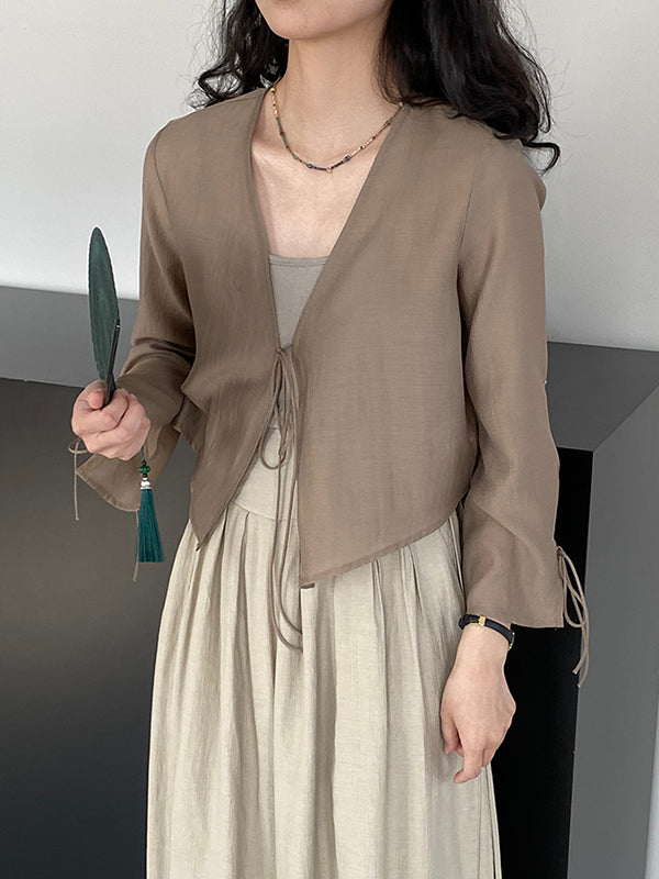 Long Sleeves Lace-Up See-Through Solid Color Blouses&Shirts Tops