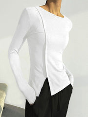 Solid Color Split-Joint Split-side Skinny Round-neck T-shirts