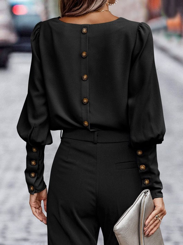 Buttoned Pleated Solid Color Long Sleeves Loose Round-Neck Blouses&Shirts Tops