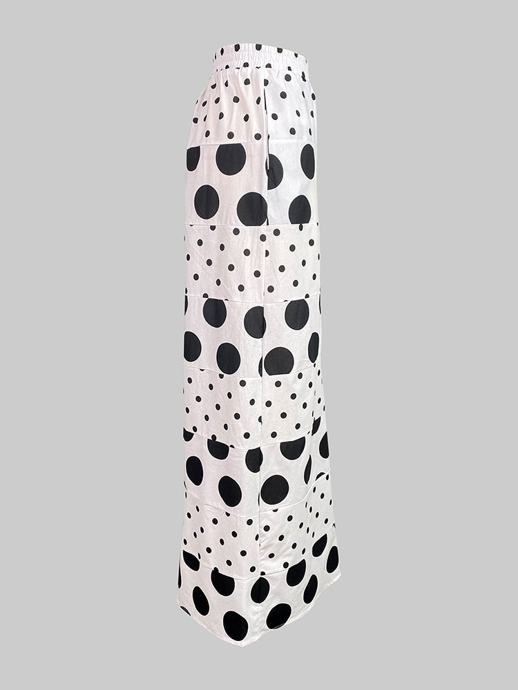 High Waisted Loose Contrast Color Elasticity Pockets Polka-Dot Split-Joint Pants Trousers