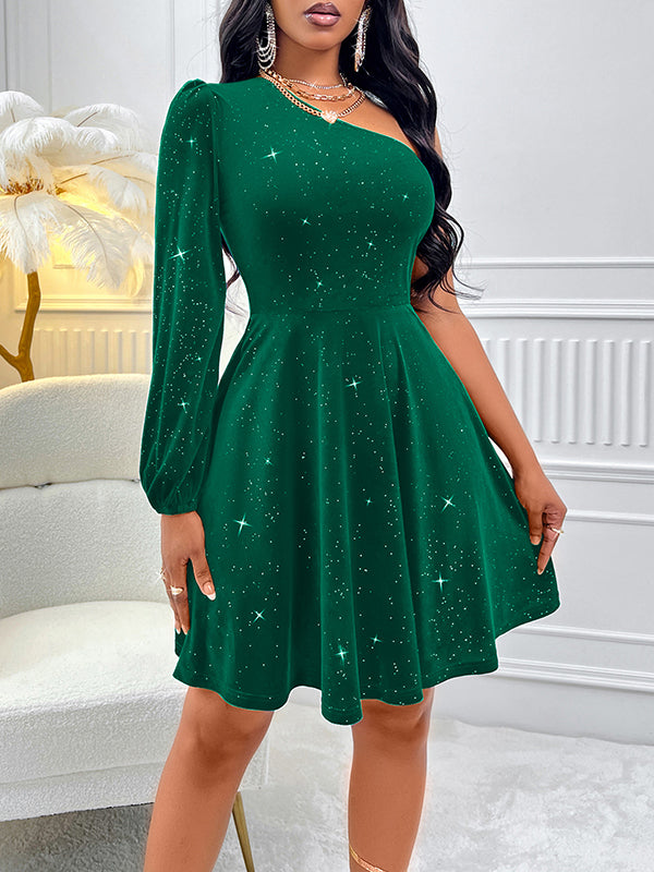 Asymmetric Elasticity Shiny Split-Joint A-Line Long Sleeves One-Shoulder Mini Dresses