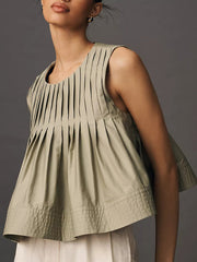 Pleated Solid Color Split-Joint Zipper Loose Sleeveless Round-neck Vest Top