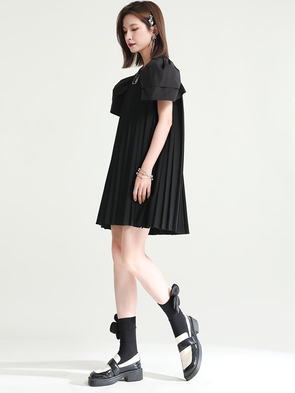 Urban Puff Sleeves Split-Joint Black Pleated Mini Dress