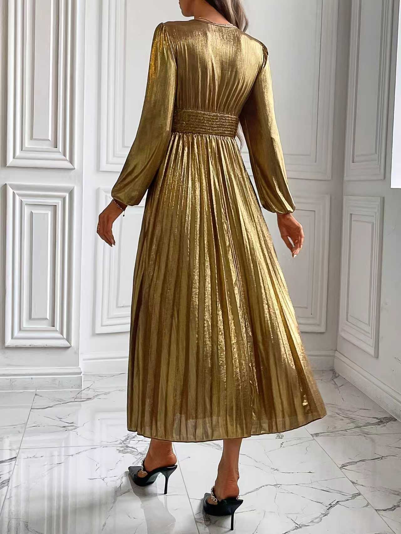 Pleated Shiny Smocked Long Sleeves Deep V-Neck Maxi Dresses