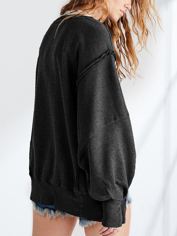 Fringed Solid Color Split-Joint Split-Side Long Sleeves Loose Round-Neck Sweatershirt