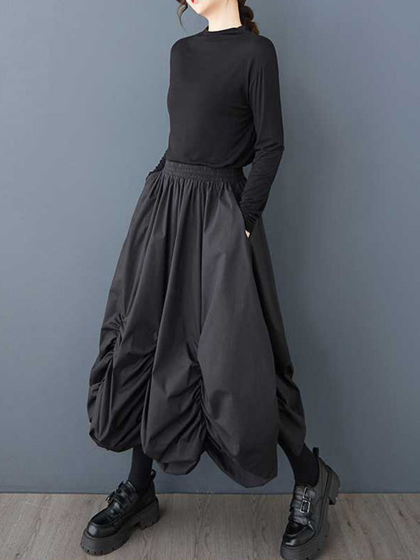 Elasticity Pleated Pockets Solid Color Loose Wide Leg Ninth Pants Culotte
