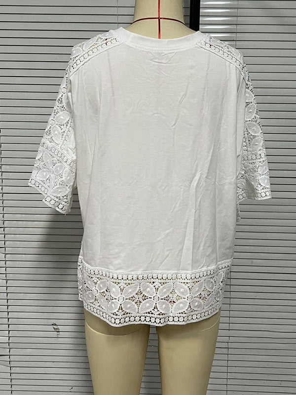 Hollow Solid Color Split-Joint Half Sleeves Loose Round-Neck T-Shirts