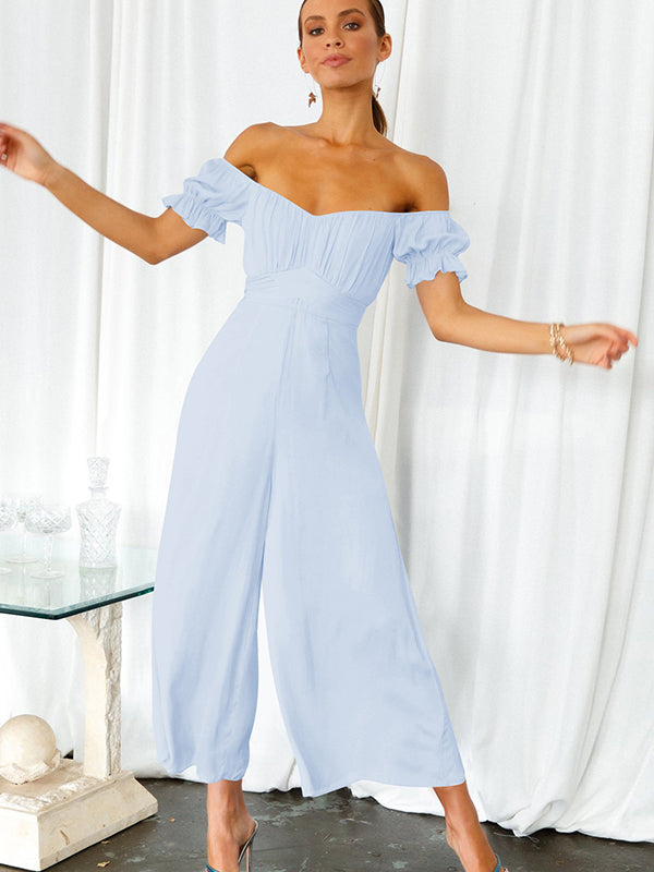 13 Colors Puff Sleeves Solid Color Cold Shoulder Wide Leg Jumpsuits