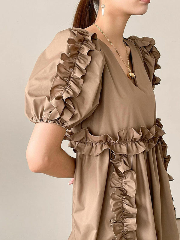 Ruffle Trim Split-Joint A-Line Loose V-Neck Mini Dresses