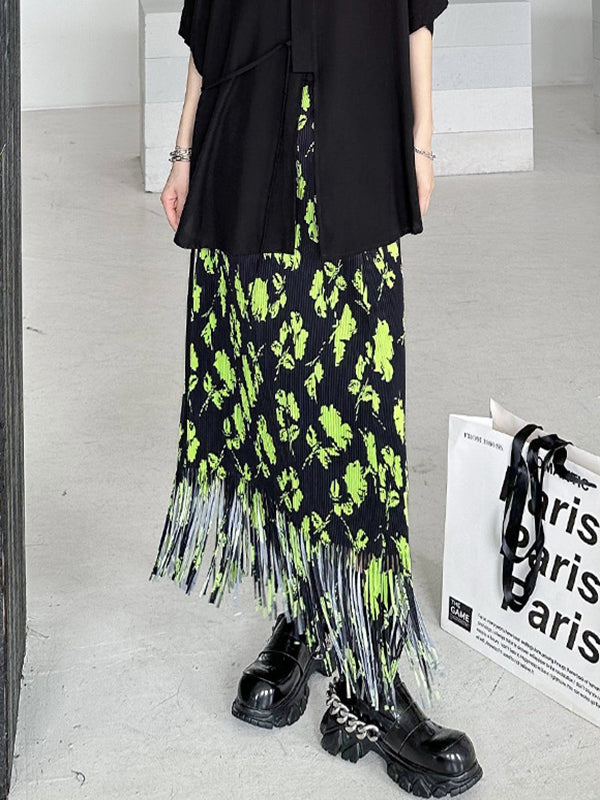 Pleated Printed Split-Joint Tasseled High Waisted H-Line Skirts
