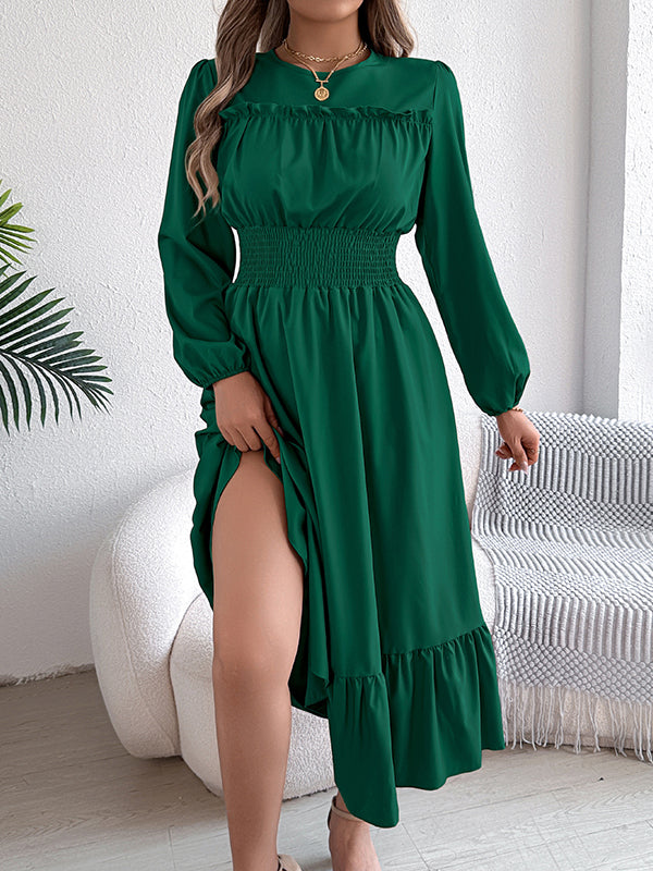 Pleated Solid Color A-Line Elasticated Waist Round-Neck Maxi Dresses