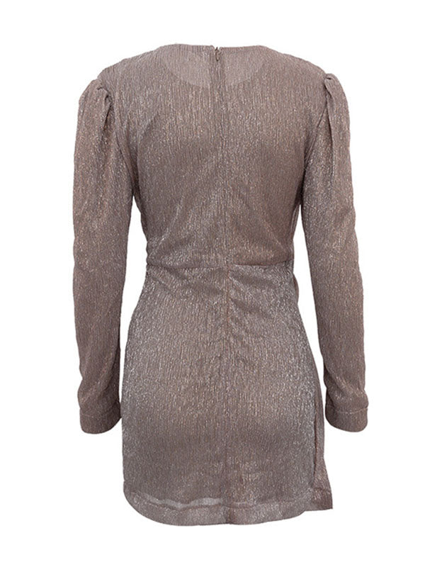 Knot Shiny Solid Color Zipper Bodycon High Waisted Round-Neck Mini Dresses