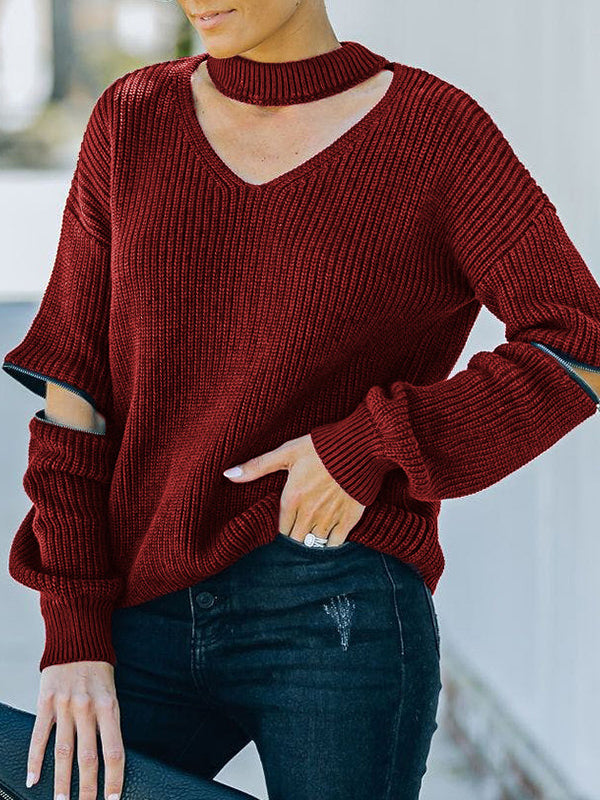 Hollow Solid Color Zipper Long Sleeves Loose V-Neck Sweater Tops Pullovers