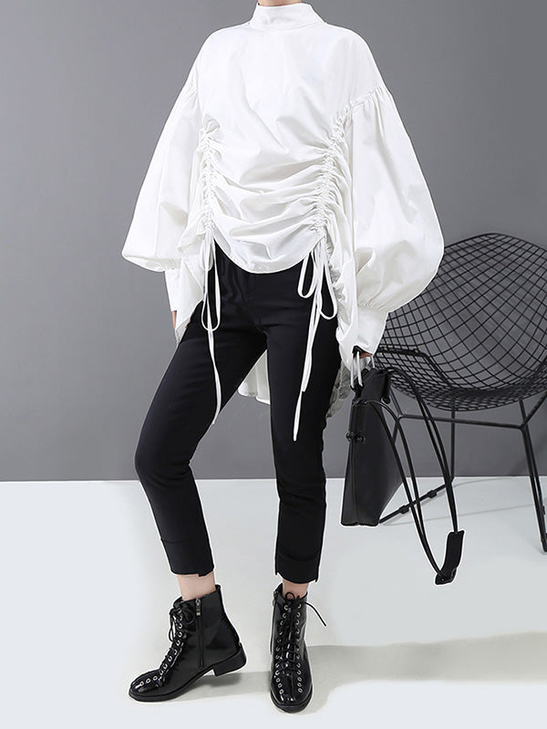 Drawstring Cropped Loose Stand Collar Shirt