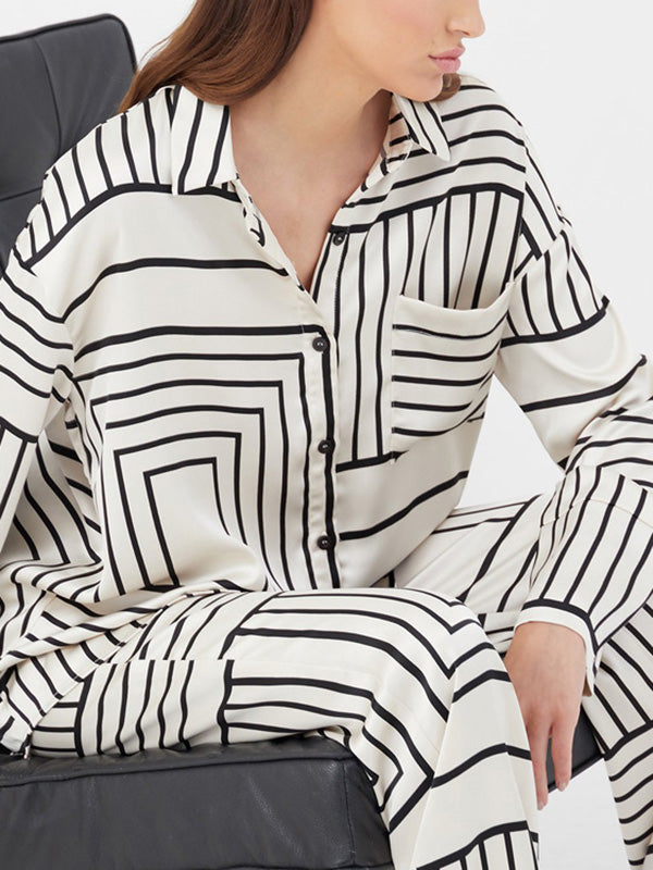 Casual Loose Printed Lapel Collar Blouses Tops & Wide Leg Pants Two Pieces Set