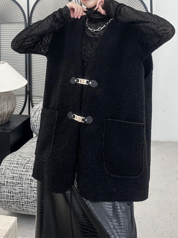 Buckle Pockets Velvet Loose Sleeveless V-neck Vest Outerwear