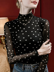 Polka-Dot Long Sleeves Plus Size Mock Neck T-Shirts Tops