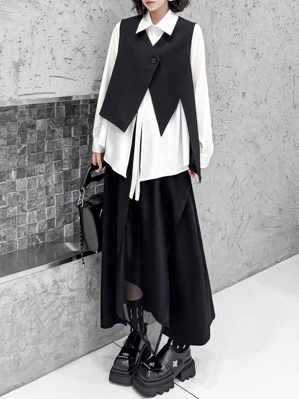 Buttoned Solid Color Split-Joint Streamer Irregularity Long Sleeves Lapel Collar Blouses&Shirts Tops