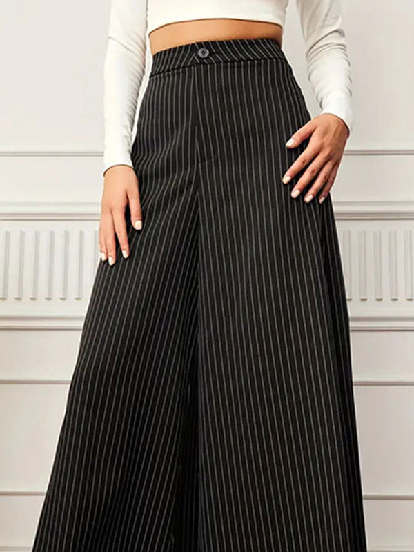 Buttoned Split-Joint Striped High Waisted Wide Leg Trousers Pants