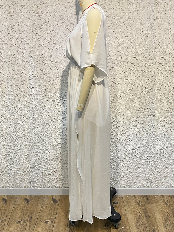 Solid Color Split-front Batwing Sleeves Loose Deep V-Neck Maxi Dresses