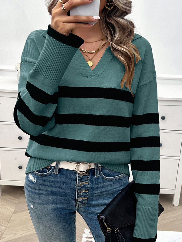 Contrast Color Striped Long Sleeves Loose Lapel Sweater Tops Pullovers
