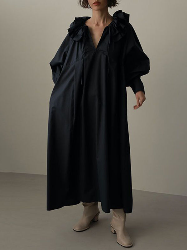 Pleated Solid Color Split-Joint Tiered Loose Puff Sleeves V-Neck Midi Dresses