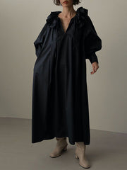 Pleated Solid Color Split-Joint Tiered Loose Puff Sleeves V-Neck Midi Dresses