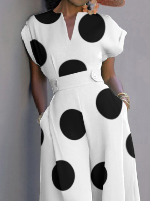 Polka-Dot Short Sleeves Wide Leg V-Neck Jumpsuits