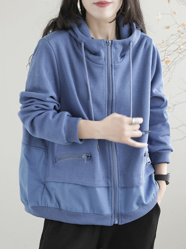 Artistic Retro Loose Long Sleeves Solid Color Zipper Hooded Outerwear