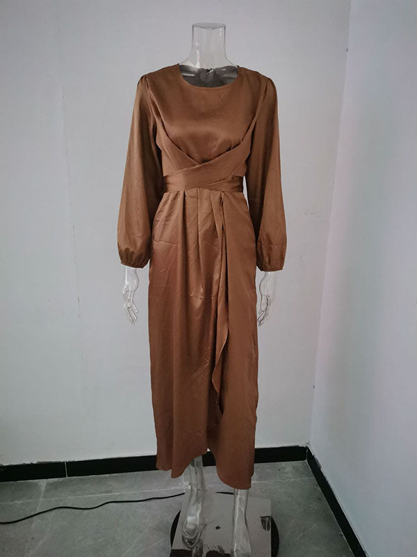 High-Waisted Solid Color Tied Waist Zipper Wrap Round-neck Maxi Dresses