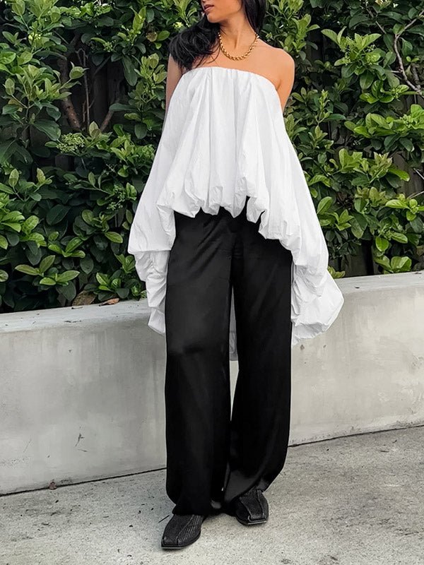 Elasticity Pleated Solid Color Split-Joint High-Low Sleeveless Tube Blouses&Shirts Tops