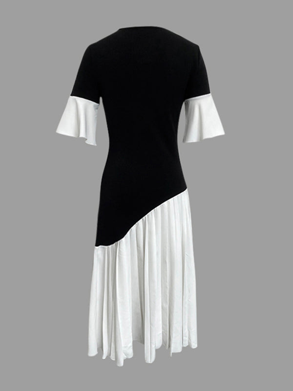 Flared Sleeves Half Sleeves Pleated Split-Joint Round-Neck Midi Dresses