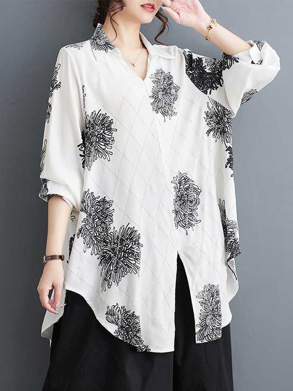 Buttoned Flower Print Pleated Split-front Long Sleeves Loose Lapel Blouses&shirts Tops