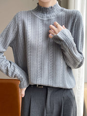 Elasticity Ruffle Trim Solid Color Long Sleeves Loose Mock Neck T-Shirts Tops