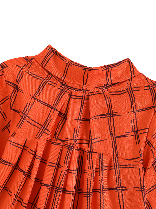 Original Creation Loose Puff Sleeves Plaid High-Neck Midi Dresses