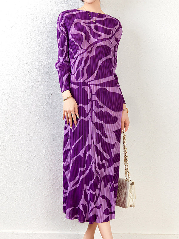 Floral Printed Pleated Long Sleeves Midi Dress