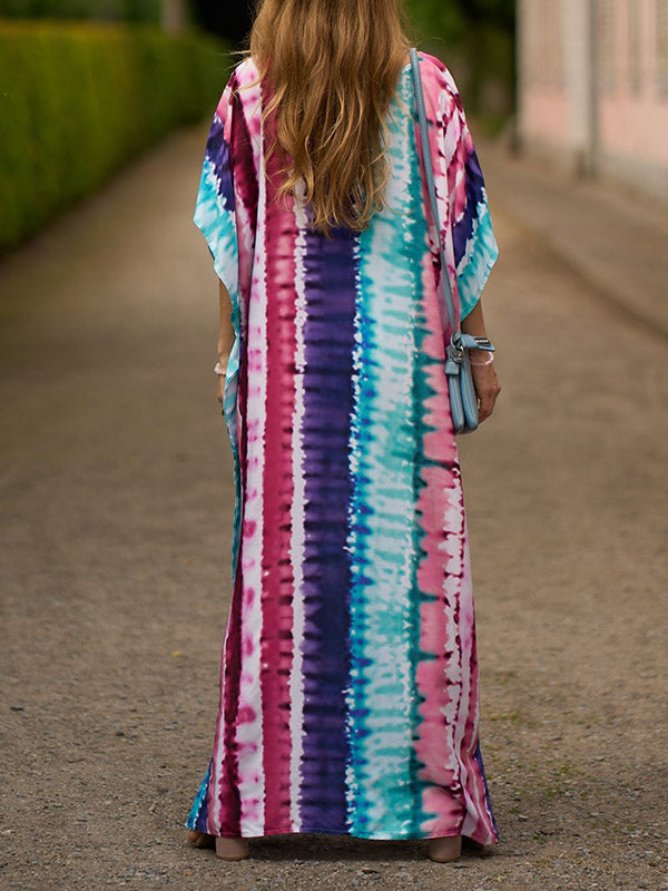 Contrast Color Printed Split-Side Batwing Sleeves Loose V-Neck Maxi Dresses Beach Cover-Up