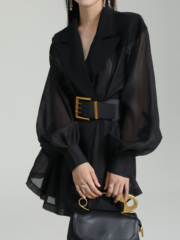 See-Through Split-Joint Tied Waist Loose Puff Sleeves Lapel Blouses&Shirts Tops