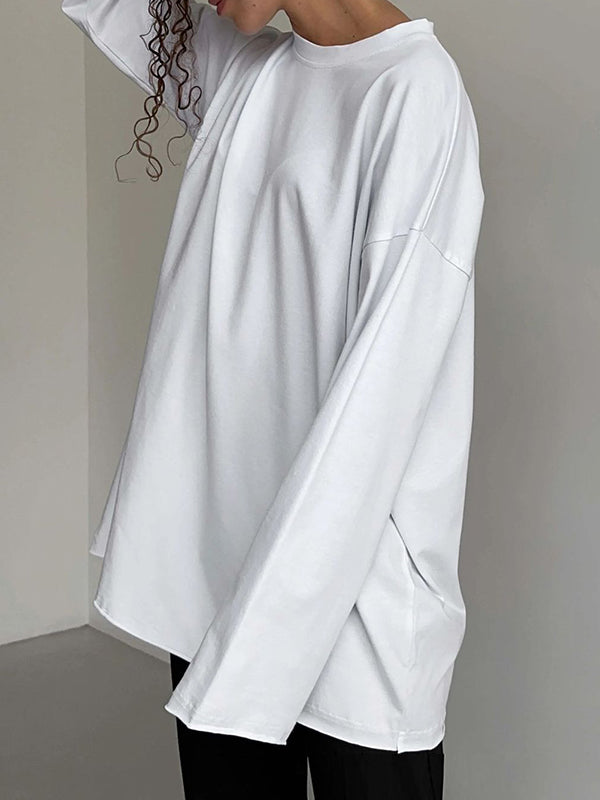 Solid Color Long Sleeves Loose Round-Neck T-Shirts Tops