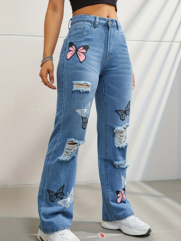 Butterfly Print Fringed Ripped Split-Joint High Waisted Jean Pants Bottoms