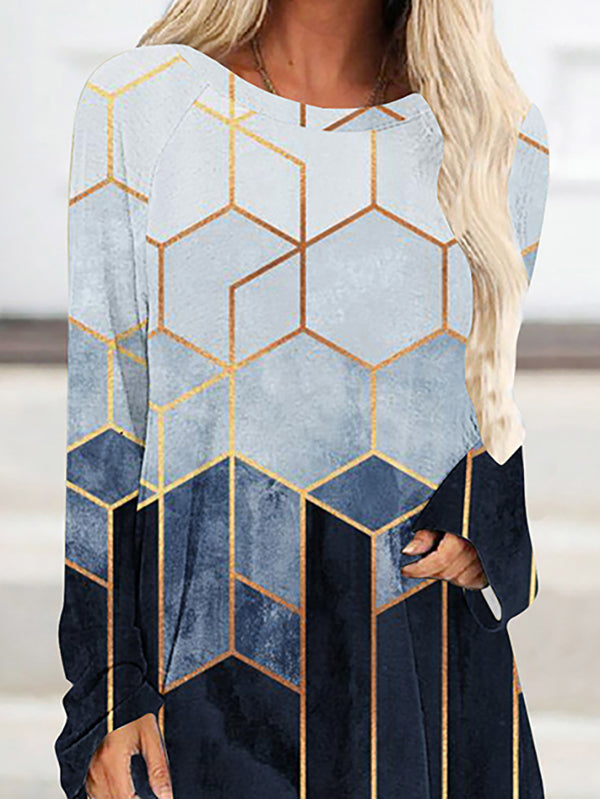 Printed High-Low Long Sleeves Round-Neck T-Shirts Tops