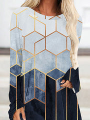 Printed High-Low Long Sleeves Round-Neck T-Shirts Tops