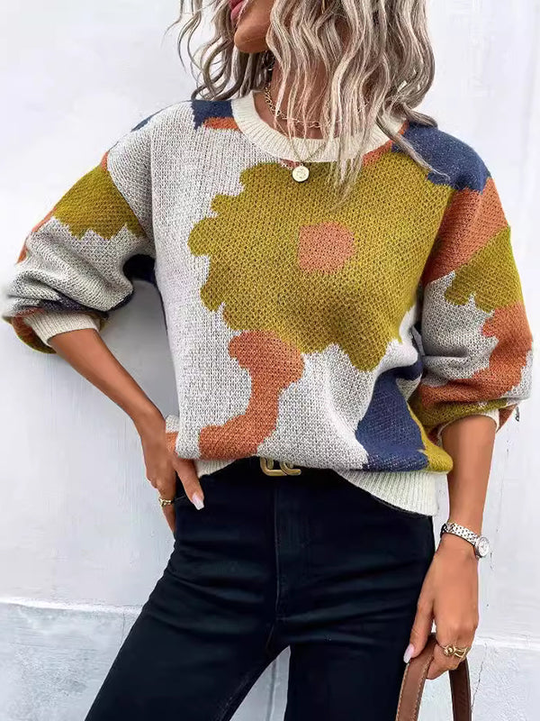 Asymmetric Knitted Flower Split-Joint Loose Puff Sleeves Round-Neck Sweater Tops