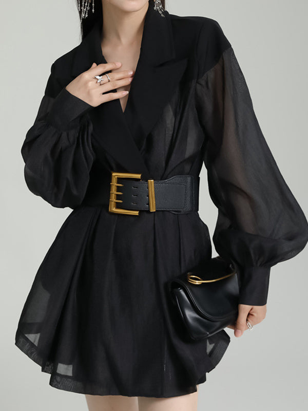 See-Through Split-Joint Tied Waist Loose Puff Sleeves Lapel Blouses&Shirts Tops