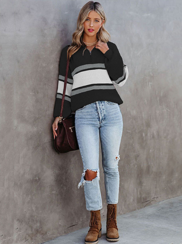 Stylish Loose Solid Color& Contrast Color Striped Lapel Collar Sweater Tops