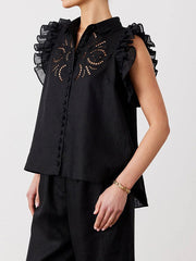 Buttoned Hollow Mesh Pleated Ruffled Solid Color Split-Joint High-low Loose Lapel Vest Top