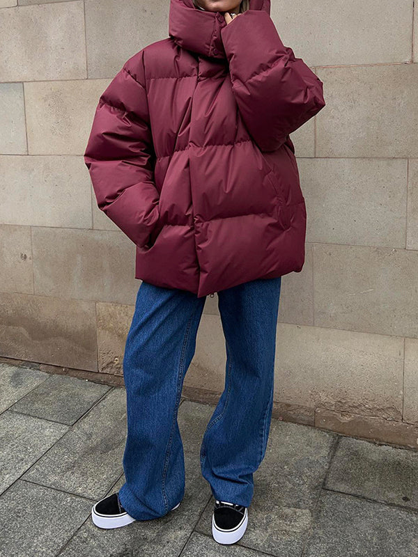 Long Sleeves Loose Solid Color Split-Joint Hooded Padded Coat