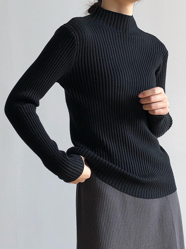 Simple Long Sleeves Skinny Leg Solid Color High-Neck Sweater Tops