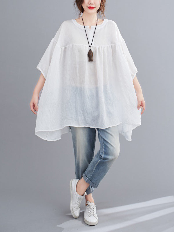 Pleated See-Through Solid Color Half Sleeves Loose Round-neck Blouses&shirts Tops